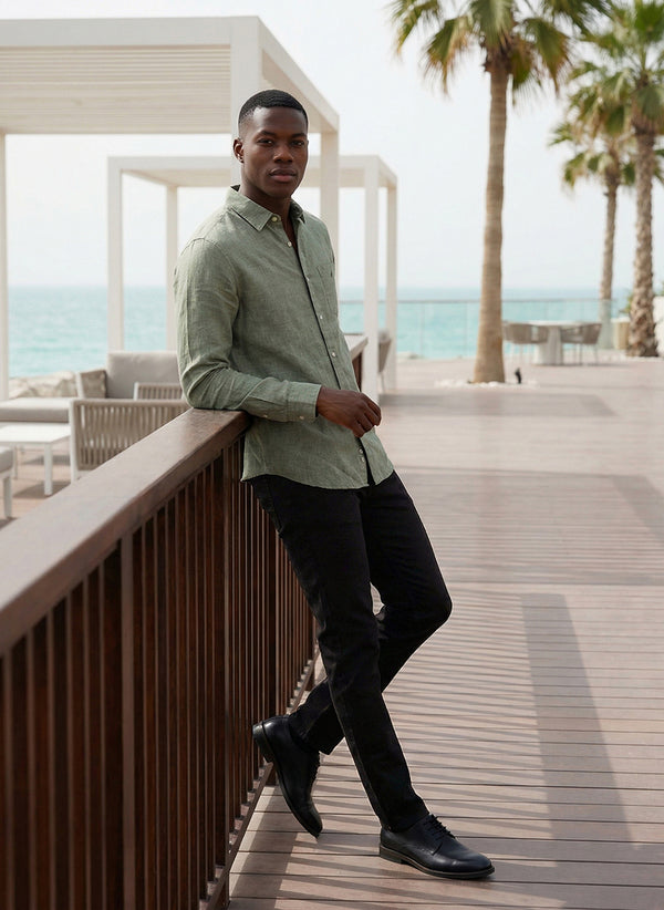 Men's Solid Linen Shirt - Green