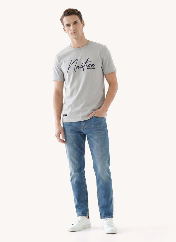 Men's Embroidered Short Sleeve T-shirt - Grey - View 1