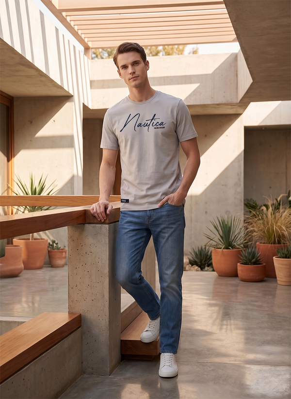 Men's Embroidered Short Sleeve T-shirt - Grey - View 5